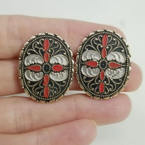 Vintage Black and Red Enamel Oval Clip On Earrings, Made in Western Germany - Picture 6 of 7